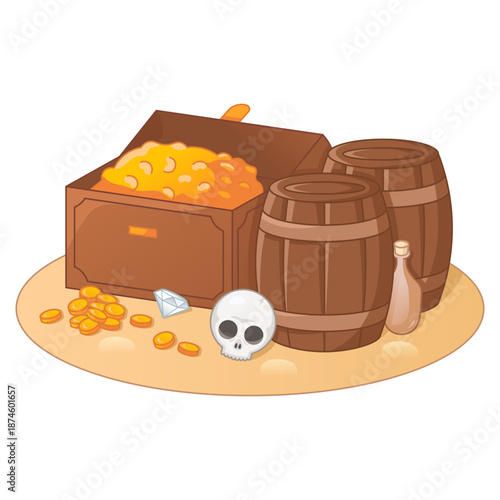 Lost open treasure chest with gold coins, wooden barrels with rum and skull on uninhabited island. Pirate treasure in cartoon style isolated.