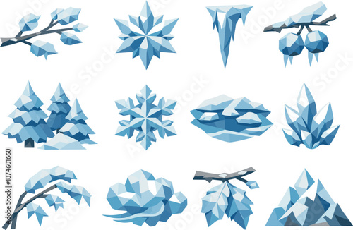 Frost-Themed Icon Set. Low-poly polygonal vector icon set focused on frost-covered branches, winter chill, and icy natural details