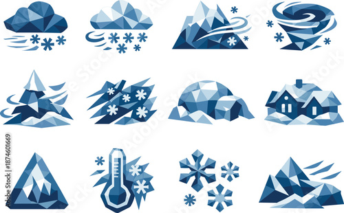Winter Storm Icon Set. Low-poly vector icon set for winter blizzard and snowstorm conditions, featuring sharp polygonal geometry,