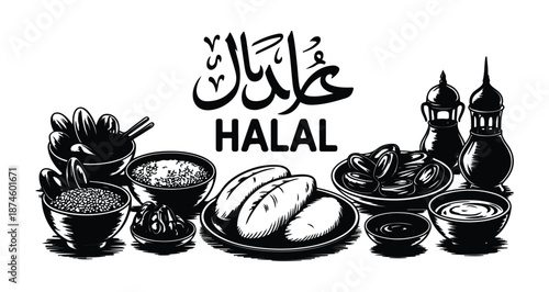 Halal food and dates for iftar meal during ramadan fasting month with arabic calligraphy art