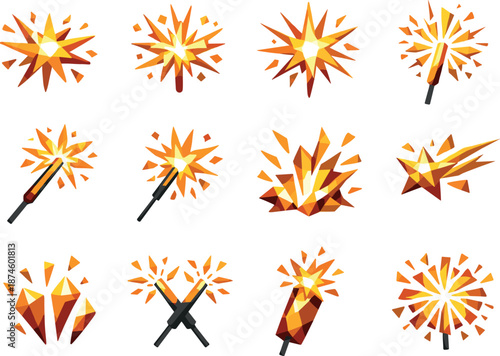 Festive Sparkler Icons. Celebration sparkler fire and bengal light effects illustrated as a low-poly vector icon set with sharp
