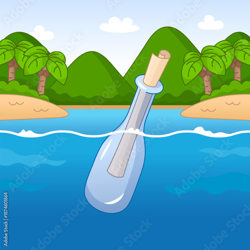 A bottle with a treasure map letter floats in the sea near an uninhabited tropical island in cartoon style.