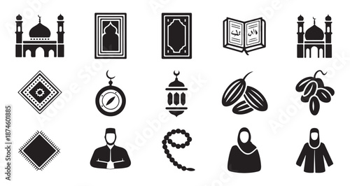 Islamic icons set with mosque prayer rug quran dates and compass for ramadan symbols