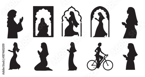 Muslim women praying fasting cycling and in silhouette for ramadan or eid celebration