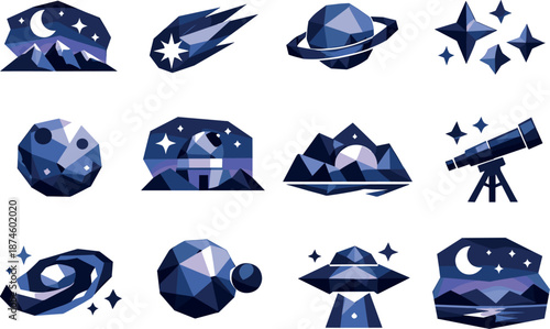 Cosmic Low-Poly Icons. Celestial starry night and quiet cosmic horizon illustrated as a low-poly vector icon set with sharp