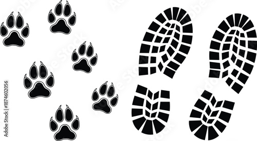 Animal paw prints and shoe footprints set, tracking trail symbols, wildlife and human steps black vector