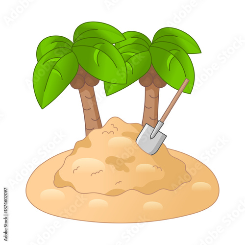 Pile of sand with shovel on tropical island. Found buried treasure scene isolated on white background.