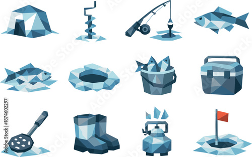 Ice Fishing Icons. Low-poly vector icon set for ice fishing and winter angling, featuring angular polygonal geometry, sharp