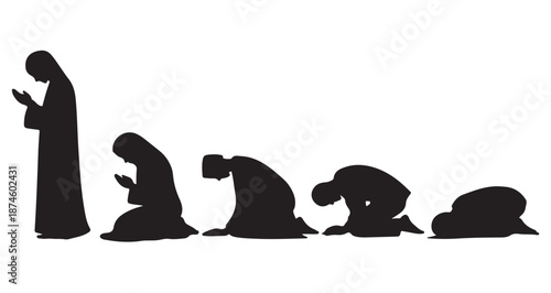 Stages of Islamic prayer movement illustrated by silhouette of person praying devoutly