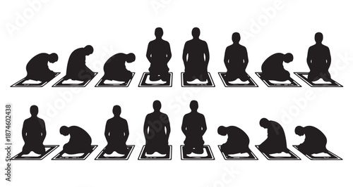 Set of silhouettes depicting Muslim prayer positions on prayer mats for devotion