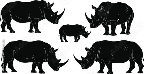 Rhinoceros silhouettes collection, wild african rhino family set, black vector illustration for wildlife nature design isolated