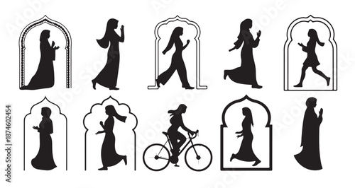 Muslim woman silhouette collection set featuring islamic silhouettes in various activities