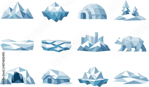 Low-Poly Snow Icons. Low-poly vector icon set for white expanses and snowy landscapes, featuring angular polygonal geometry, sharp
