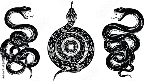 Venomous snake silhouettes collection, coiled serpent tattoo designs set, dangerous reptile black vector illustration isolated on white