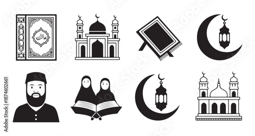 Islamic religion icons with quran mosque prayer mat crescent lantern man in hat and women