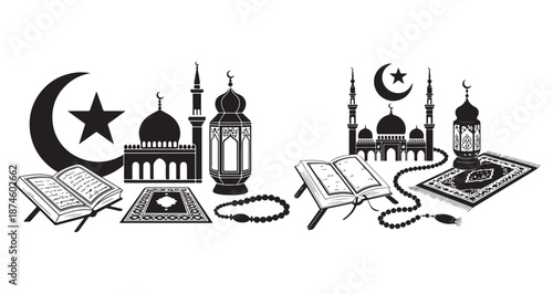 Islamic religion icon set with mosque quran prayer beads lantern moon star and prayer rug
