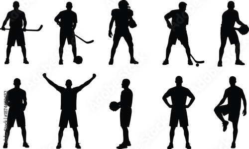 Male athlete silhouettes collection, sports player poses set, hockey football basketball actions, black vector illustration isolated on white
