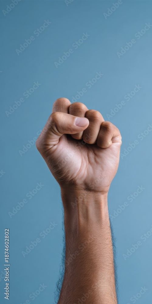 Obraz premium Raised caucasian male fist against blue background symbolizing solidarity and strength