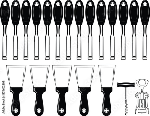 Woodworking chisel and scraper tools set, carpentry hand equipment collection, black white vector illustration isolated on background