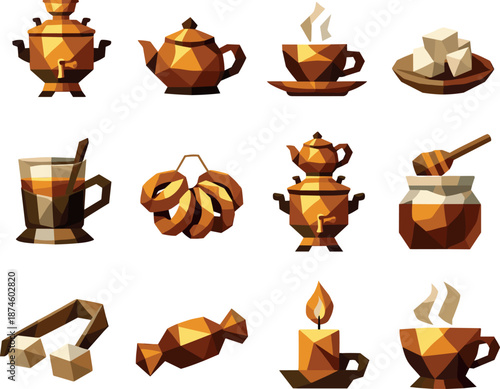 Low-Poly Samovar Icons. Low-poly polygonal vector icon set focused on hot samovar, traditional tea, Russian beverage culture, and