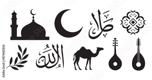 Islamic culture symbols mosque crescent moon calligraphy camel and lute vector icons