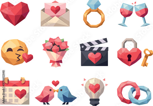 Romantic Vector Icons. Romantic humor and love story motifs represented through a professional low-poly vector icon set using