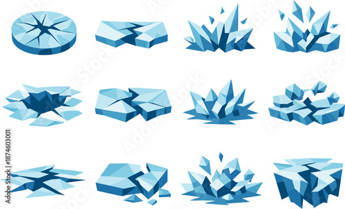 Geometric Ice Icons. Low-poly vector icon set for cracking ice and breaking frozen surfaces, featuring angular polygonal geometry,