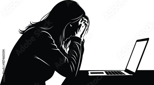 Stressed woman working on laptop, business burnout concept, mental health illustration, black white silhouette isolated on background