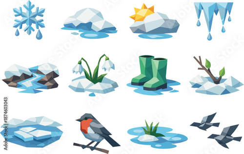 Spring Thaw Icons. Low-poly polygonal vector icon set focused on thaw, early spring melt, seasonal transition, and melting snow,