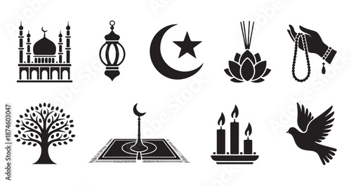 Collection of religious and spiritual symbols icons representing diverse global faiths and peace vector set
