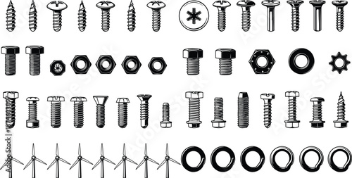 Screw and bolt collection vector set, hardware fasteners icons, black white engineering tools illustration isolated on background