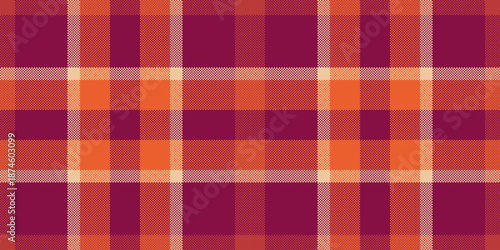Silky texture seamless fabric, gentleman textile tartan pattern. Popular vector plaid check background in orange and pink colors.