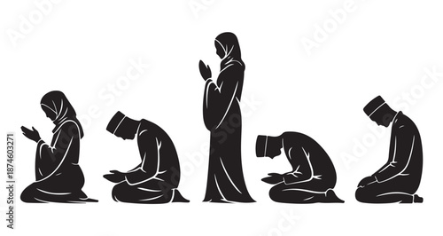 Set of Muslim prayer poses showing men and woman performing salat