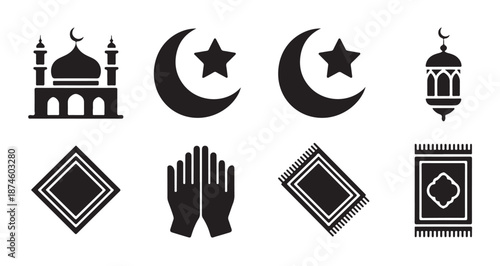 Various Islamic religious and cultural symbols including mosque crescent star lantern