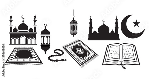 Ramadan kareem design elements with quran book mosque silhouettes lanterns and prayer rugs