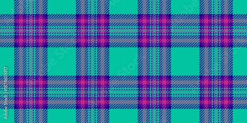 Traditional tartan pattern check, stylish textile texture vector. Genuine plaid fabric background seamless in teal and violet colors.