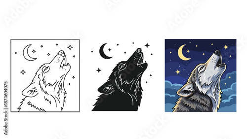 Howling wolf under moon and stars collection of three styles outline, silhouette and pixel art illustration