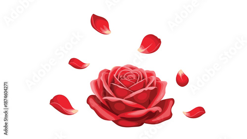 Exquisite single red rose with delicate petals gracefully falling, symbolizing romance, love, passion, and ephemeral beauty against a white background.