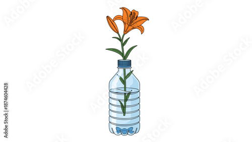 Beautiful orange lily delicately placed in a repurposed plastic water bottle, symbolizing sustainability, creativity, and simple elegance.