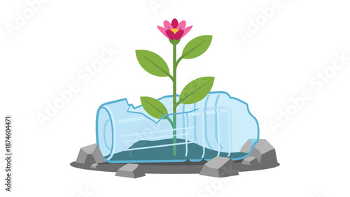 Resilient pink flower blossoming from a broken plastic bottle amidst rocks, powerfully symbolizing environmental awareness, rebirth, and growth from waste.