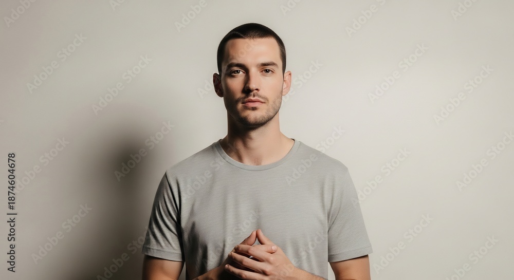 Fototapeta premium Serious man in gray t-shirt with hands clasped in front of a white background.