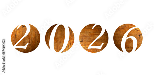 New Year poster. Numbers '2026' on abstract wooden circles. Sustainability concept, minimalist design, centered image, no additional words