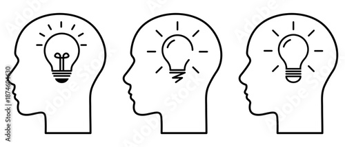 Head with lightbulb line icon set