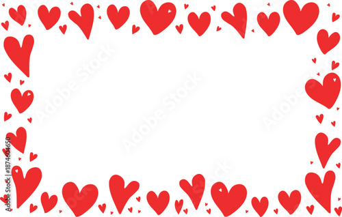 Valentine`s day frame with different hand drown read hearts on transparent background. 