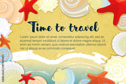 time to travel, a summer image with a beach, sea, and shells for a travel agency advertisement