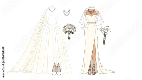 Detailed display of two distinct wedding dress styles complete with matching bridal accessories, including veils, necklaces, shoes, and bouquets.