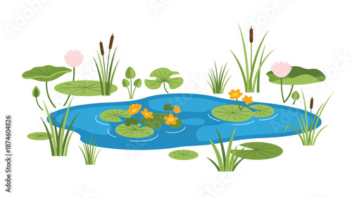 Serene natural pond scene adorned with vibrant green lily pads, delicate water lilies, and tall reeds, creating a peaceful and flourishing aquatic environment.