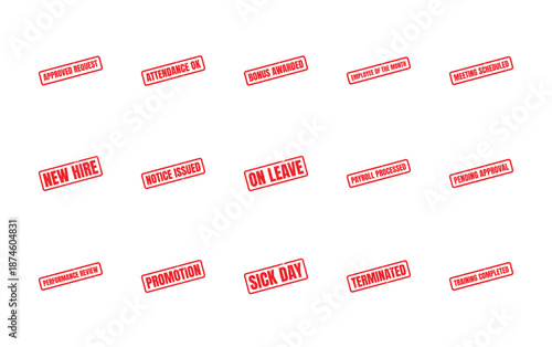 Collection of red rubber stamps for HR and office management, conveying employee status and actions.