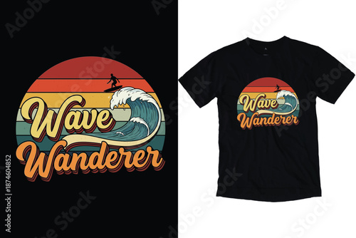 Retro Sunset Surfing T-Shirt Design with Wave Wanderer Typography