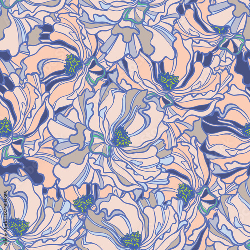Vector seamless pattern with outline abstract roses. Beautiful floral backgro...